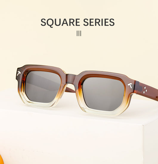 Men's square frame sunglasses with a two-tone brown and black frame, dark green lenses, and tortoise shell temples. - Image 19