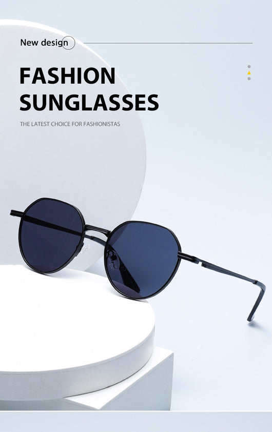 Round metal sunglasses with silver frames and dark gray lenses, featuring black temple tips, on a white background. - Image 20