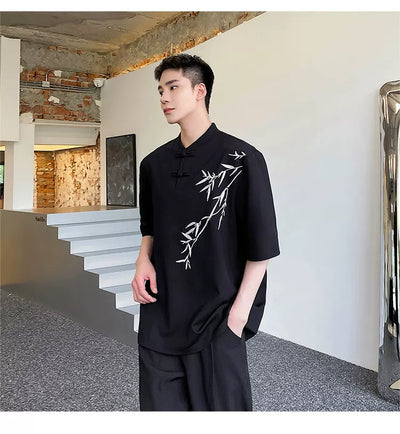 Camisa de Manga Corta con Bordado de Hojas de Bambú para Hombre - Image 11