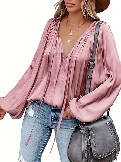 Blusa de Satén con Cuello en V y Mangas Largas para Mujer - Image 22