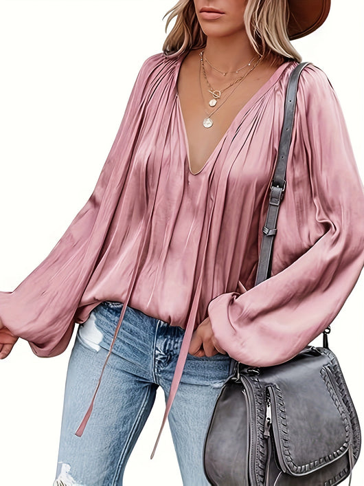 Blusa de Satén con Cuello en V y Mangas Largas para Mujer - Image 22