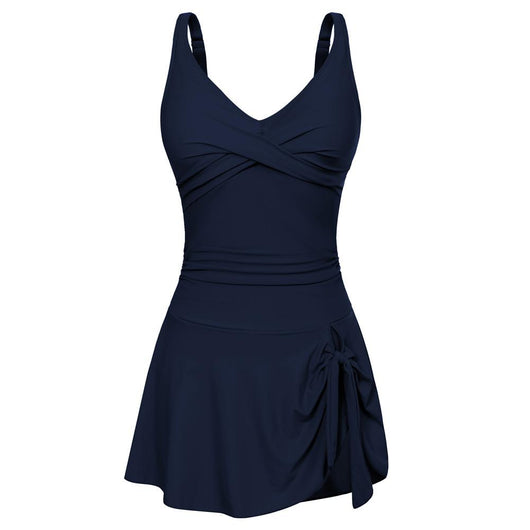 Hot pink one-piece swimdress for women featuring a ruched v-neck bodice and a skirted bottom with a side tie detail. - Image 11