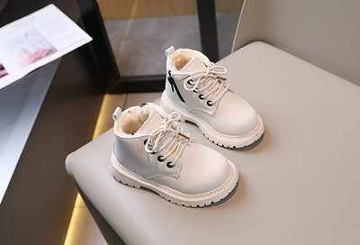 Black children's fashion Martin boots with laces and a side zipper, featuring a thick rubber sole. - Image 14