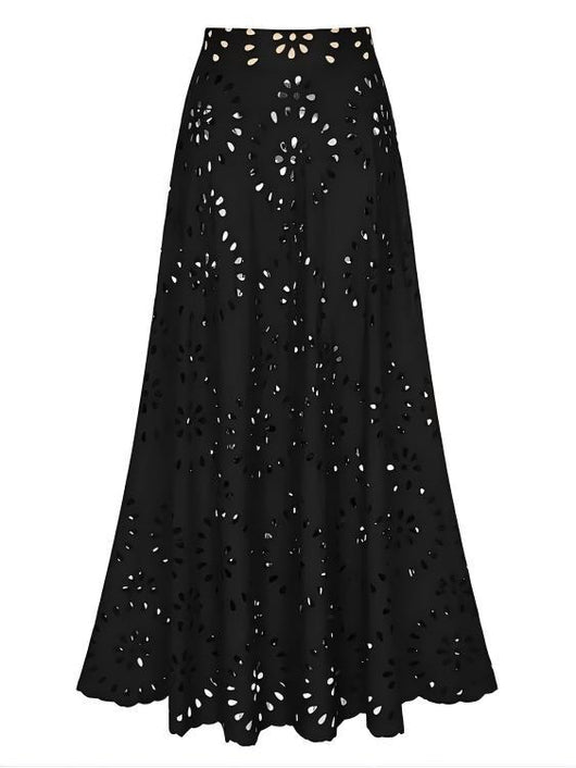 Navy blue women's one-piece swimsuit and matching midi skirt set with laser-cut floral patterns and scalloped edges. - Image 33