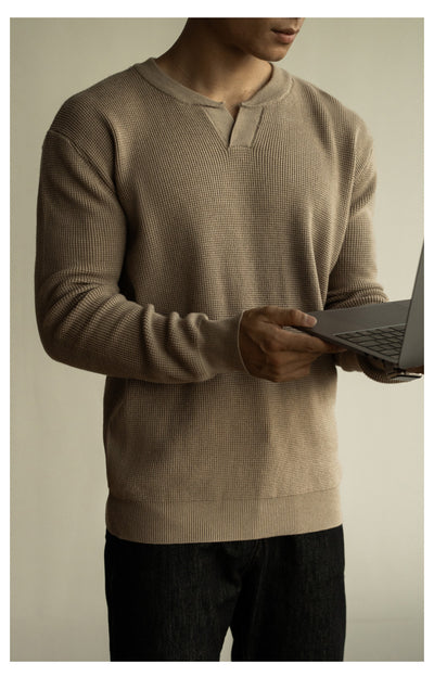 Suéter Henley Casual de Cuello V y Manga Larga para Hombre - Image 37