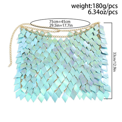 Woman wearing a gold-tone body chain top with iridescent pink and orange diamond-shaped sequins, perfect for beach or festival. - Image 27