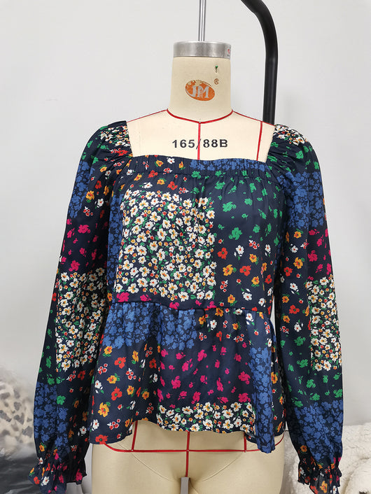 Blusa Casual con Cuello Cuadrado, Mangas Volantes y Flores Pequeñas - Image 17