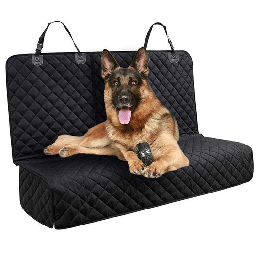 Black quilted car seat cover for dogs, shown with a golden retriever, protecting the rear seat from water and dirt. - Image 19