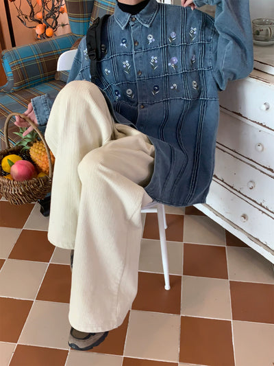 Camisa Denim Vintage Plisada Floral Lavado Clásico Manga Larga - Image 16