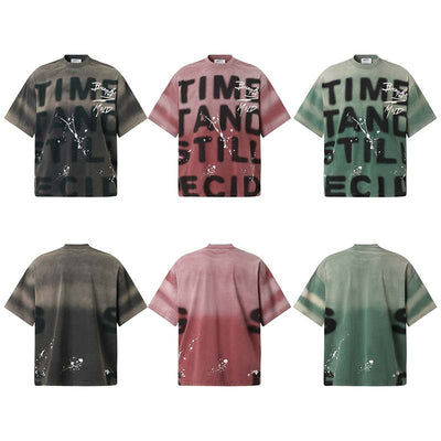 Camiseta Hombre Estilo Retro Suelta Diseño Degradado con Letras y Tinta Salpicada - Image 16