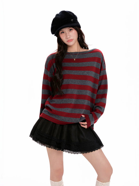 Suéter Tejido de Rayas Rojas con Mangas Largas para Mujer - Image 12