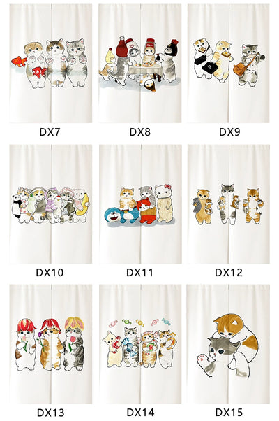 White segmented fabric door curtain with a cartoon design of three cats cooking and surrounded by fried eggs. - Image 10