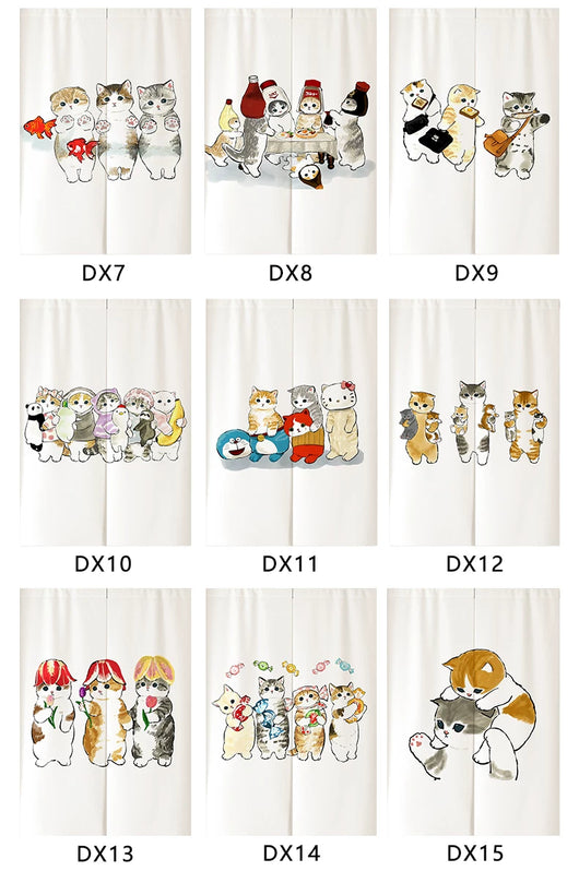 White segmented fabric door curtain with a cartoon design of three cats cooking and surrounded by fried eggs. - Image 10