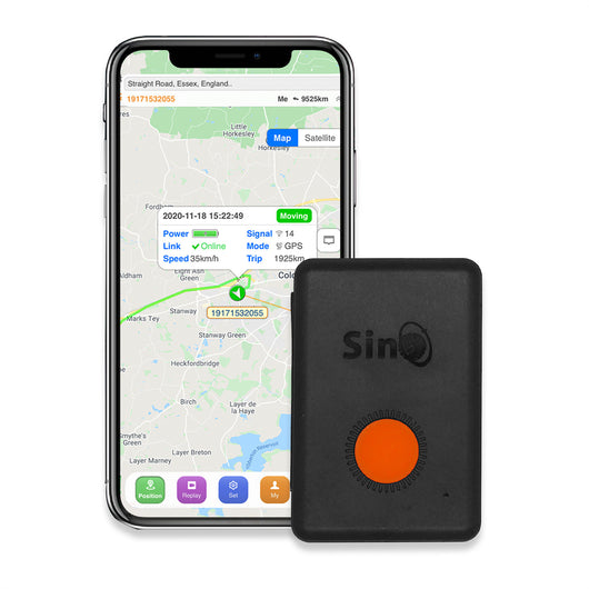 Sinotrack GPS tracker kit with black device, orange button, white charging cable, lanyard, pouch, and box. - Image 17