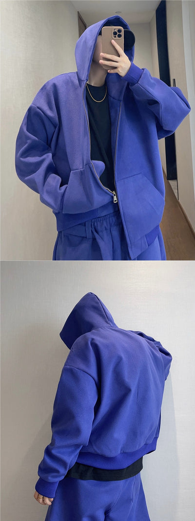 Chamarra Hoodie Azul Suelta con Cierre - Abrigo Corto Retro para Hombre - Image 8