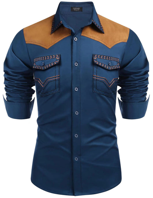 Camisa Vaquera Ajustada de Largo Medio con Combinación de Colores para Hombre - Image 11