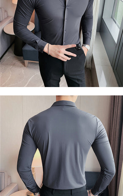 Camisa Ejecutiva Coreana Slim Fit de Punto Elástico para Hombre - Image 30