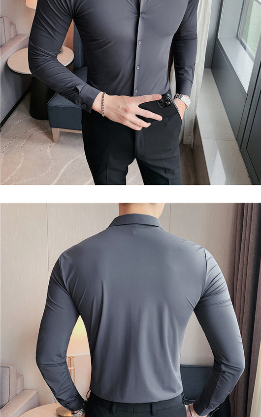 Camisa Ejecutiva Coreana Slim Fit de Punto Elástico para Hombre - Image 30