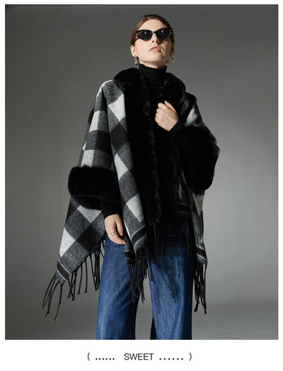 Chal Cuadros Blanco y Negro con Cuello de Piel - Estilo Europeo Otoño Invierno - Image 18