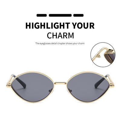 Oval women's sunglasses with dark gray lenses and a gunmetal metal frame, featuring textured temples. - Image 24