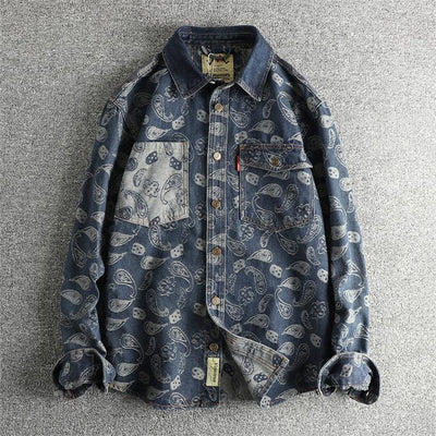 Camisa Denim Retro Lujo Suave con Patrón Paisley - Manga Larga Estilo Americano - Image 28