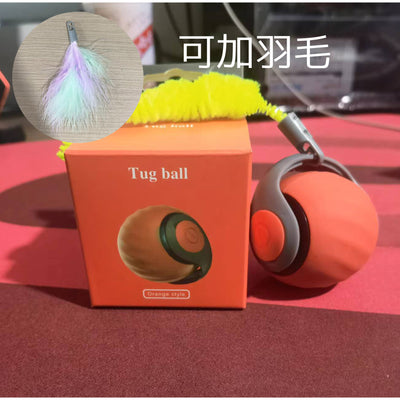 Orange automatic cat toy car with a yellow pipe cleaner attachment, shown next to its orange packaging box. - Image 8