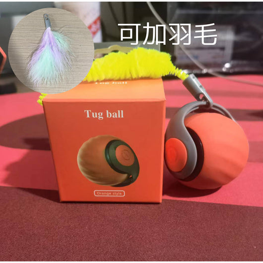 Orange automatic cat toy car with a yellow pipe cleaner attachment, shown next to its orange packaging box. - Image 8