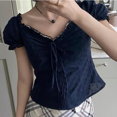 Blusa Escote V con Encaje y Mangas Abullonadas - Image 10
