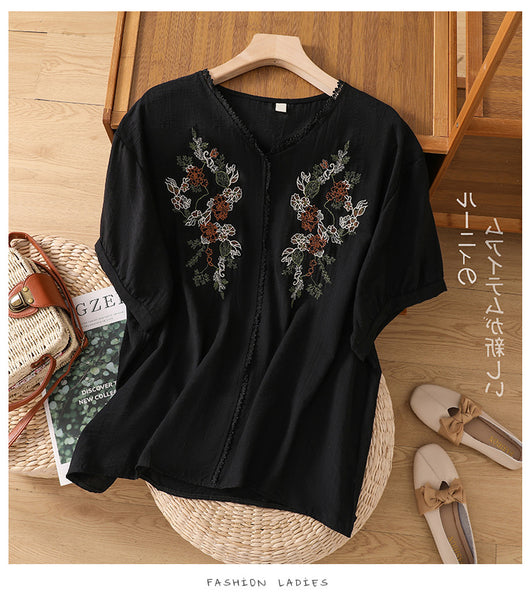 Blusa Suelta de Algodón y Lino con Escote V y Manga Corta para Mujer - Image 63