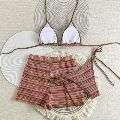 Traje de Baño Tres Piezas con Shorts Tejidos de Contraste - Image 35