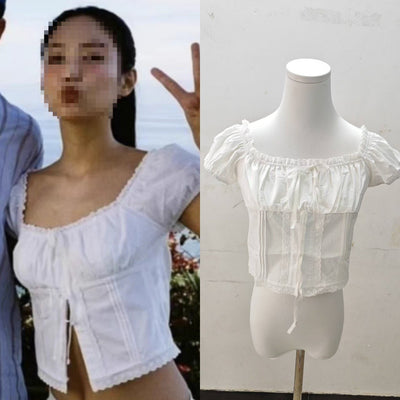 Blusa Corta de Encaje con Cuello Cuadrado y Lazada - Image 7