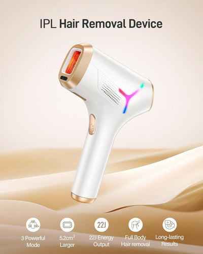 White and gold IPL hair removal device with safety glasses and razor, shown with its "Hair Removal" packaging. - Image 17