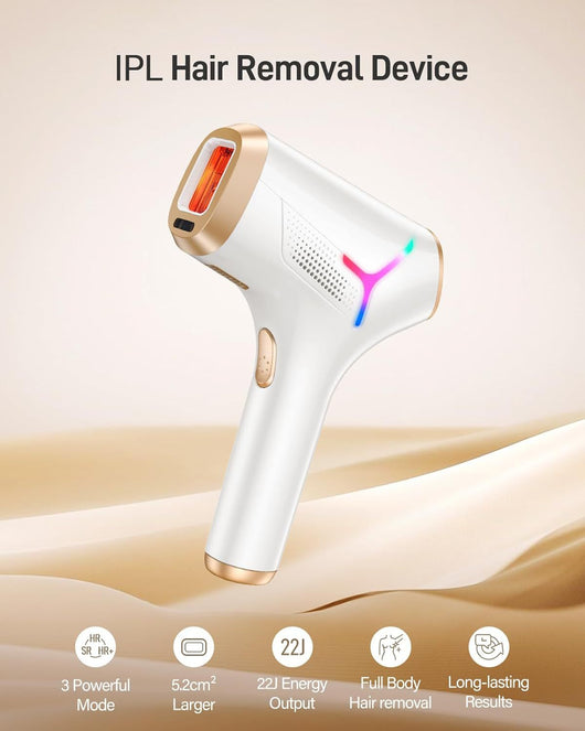 White and gold IPL hair removal device with safety glasses and razor, shown with its "Hair Removal" packaging. - Image 17