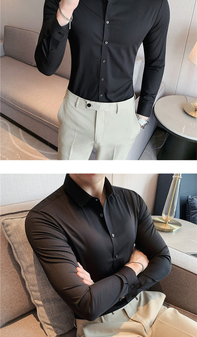 Camisa Ejecutiva Coreana Slim Fit de Punto Elástico para Hombre - Image 20
