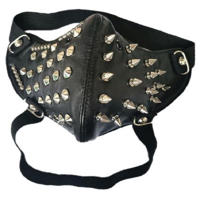 Black leather half-face mask with brass chains, spikes, and gear accents, featuring adjustable elastic straps. - Image 38