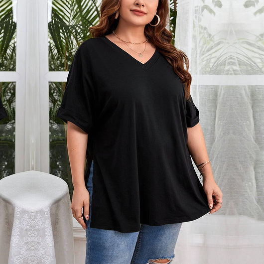 Blusa Suelta con Escote en V y Abertura Lateral - Camiseta Casual de Manga Corta - Image 26
