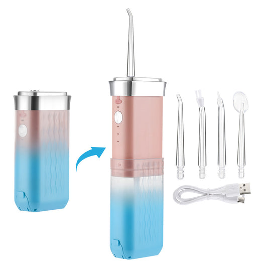 Portable water flosser in gradient pink and blue with four nozzles, a charging cable, and its product box. - Image 38