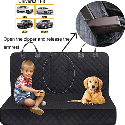 Black quilted car seat cover for dogs, shown with a golden retriever, protecting the rear seat from water and dirt. - Image 17