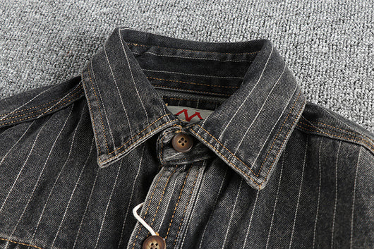 Camisa Denim Retro Británica a Rayas Negras y Grises para Hombre - Image 12
