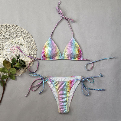 Gradient snakeskin print bikini with iridescent colors, triangle top, and tie-side bottoms. - Image 9