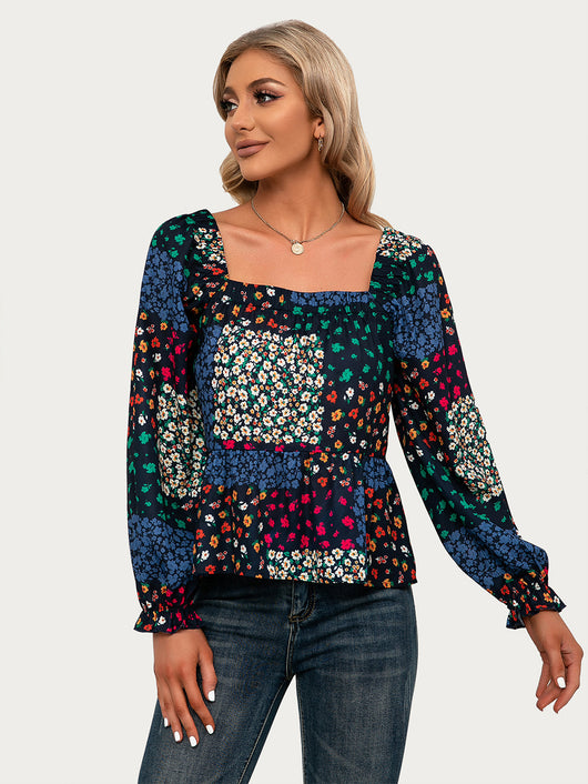 Blusa Casual con Cuello Cuadrado, Mangas Volantes y Flores Pequeñas - Image 13