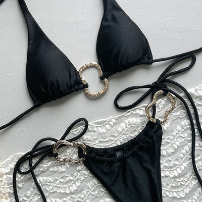 Bikini Entallado de Color Liso con Lazos Ajustables - Image 8