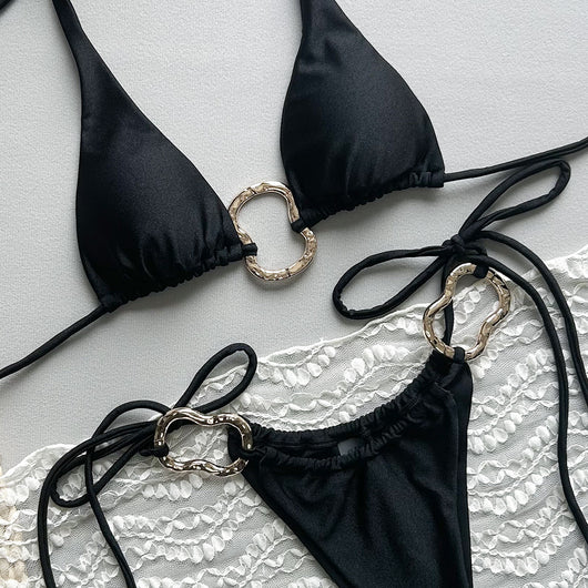 Bikini Entallado de Color Liso con Lazos Ajustables - Image 8