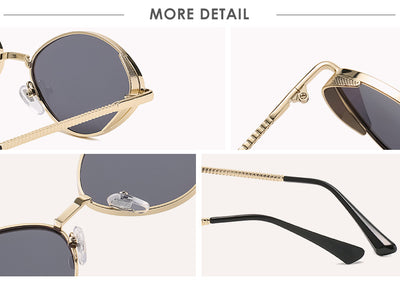 Oval women's sunglasses with dark gray lenses and a gunmetal metal frame, featuring textured temples. - Image 20