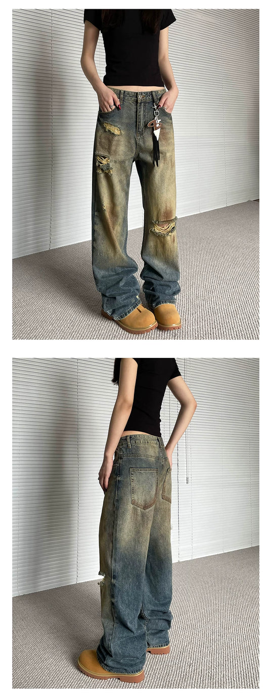 Pantalones Vaqueros Rotos Oversize Rectos de Pierna Ancha - Estilo Urbano Descontracturado - Image 9