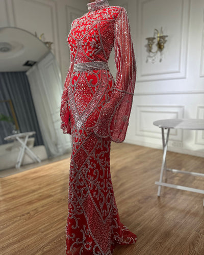 Vestido Largo de Noche Rojo con Cuello Alto y Falda Sirena - Image 16