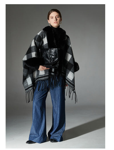 Chal Cuadros Blanco y Negro con Cuello de Piel - Estilo Europeo Otoño Invierno - Image 22