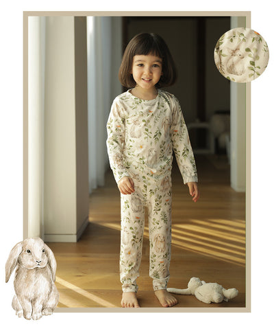 Bamboo cotton knitted parent-child pajama set with a pumpkin print long-sleeve top and solid light blue-grey pants. - Image 49