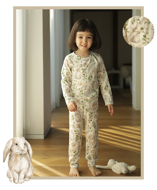 Bamboo cotton knitted parent-child pajama set with a pumpkin print long-sleeve top and solid light blue-grey pants. - Image 49