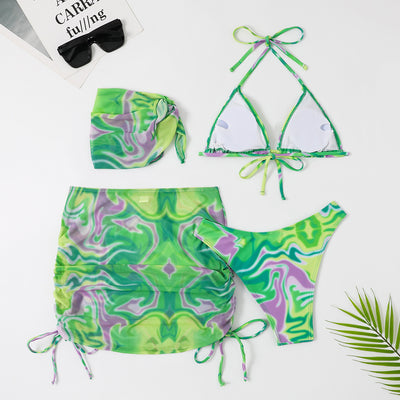 Four-piece tie-dyed bikini swimsuit set in orange, yellow, and white, with a triangle top, high-cut bottoms, ruched mini skirt, and matching headscarf. - Image 12